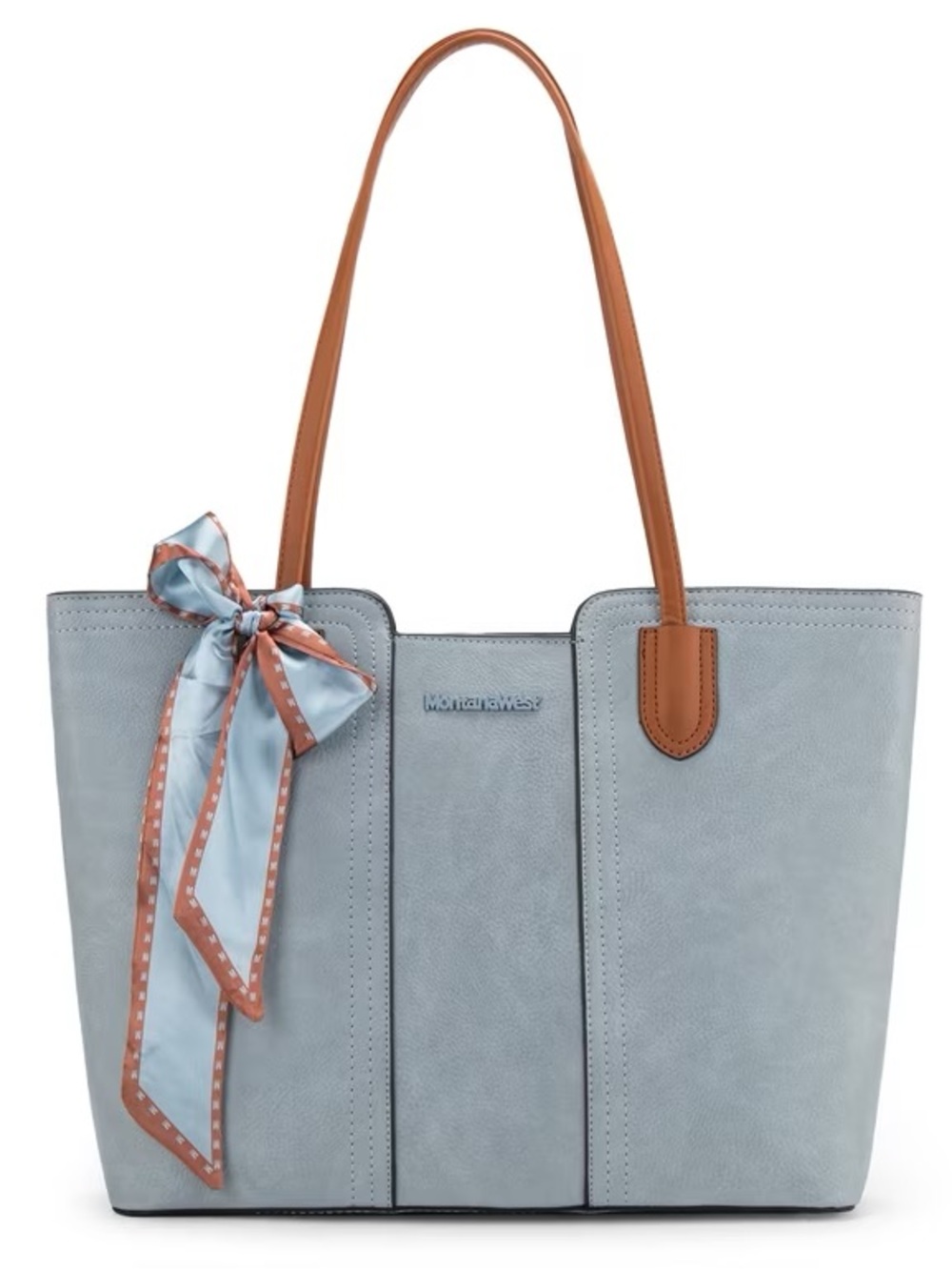 Montana West Light Blue Tote with Brown Handles and Scarf Accent